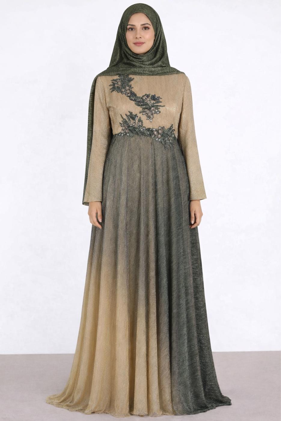 Tesettür giyim BEJ ALVİNA TAŞ DETAYLI ABİYE ELBİSE T 5425