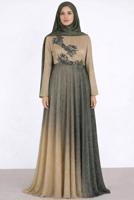 Tesettür giyim BEJ ALVİNA TAŞ DETAYLI ABİYE ELBİSE T 5425