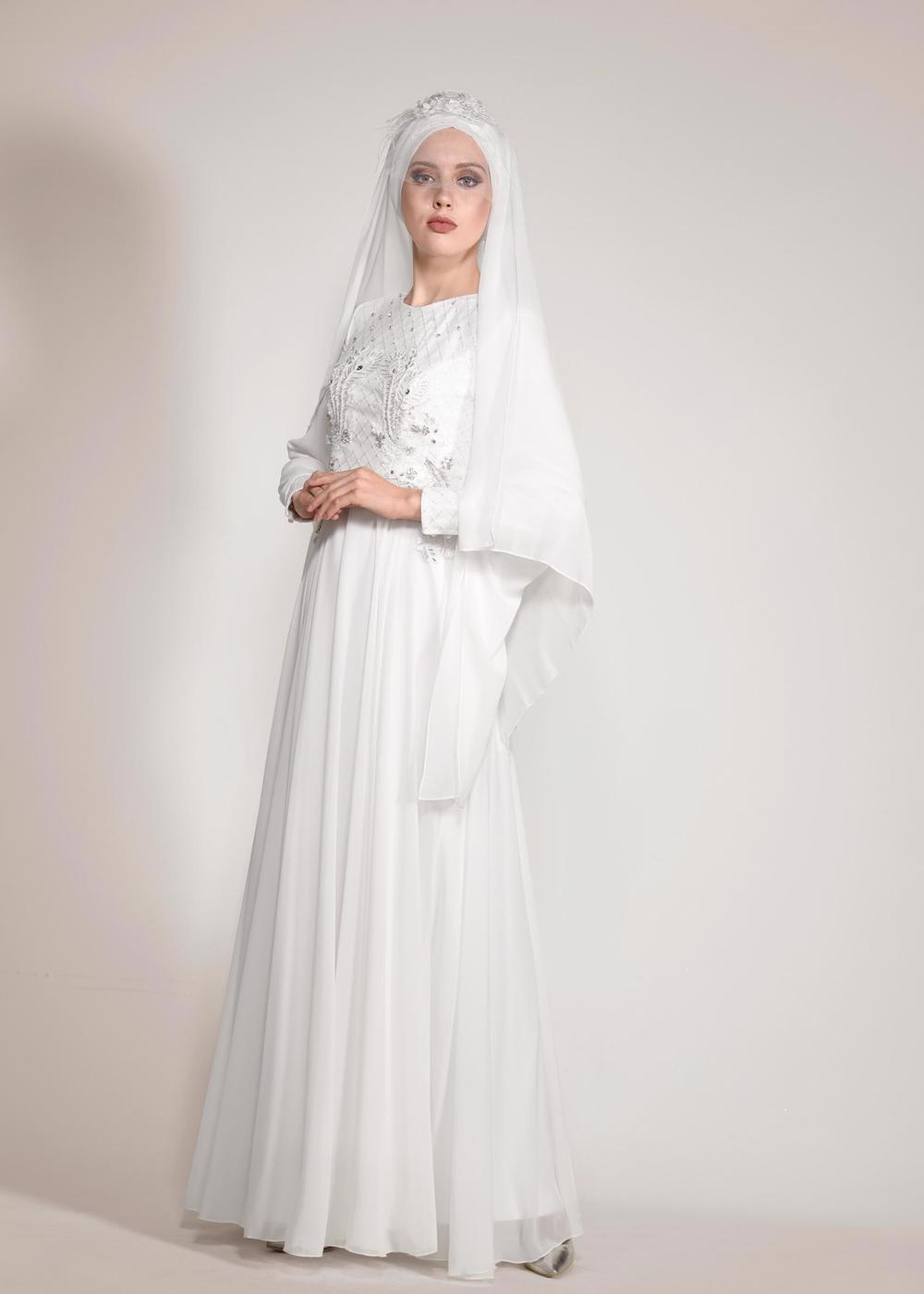 Tesettür giyim KREM ALVİNA ŞİFON ABİYE ELBİSE T 5436