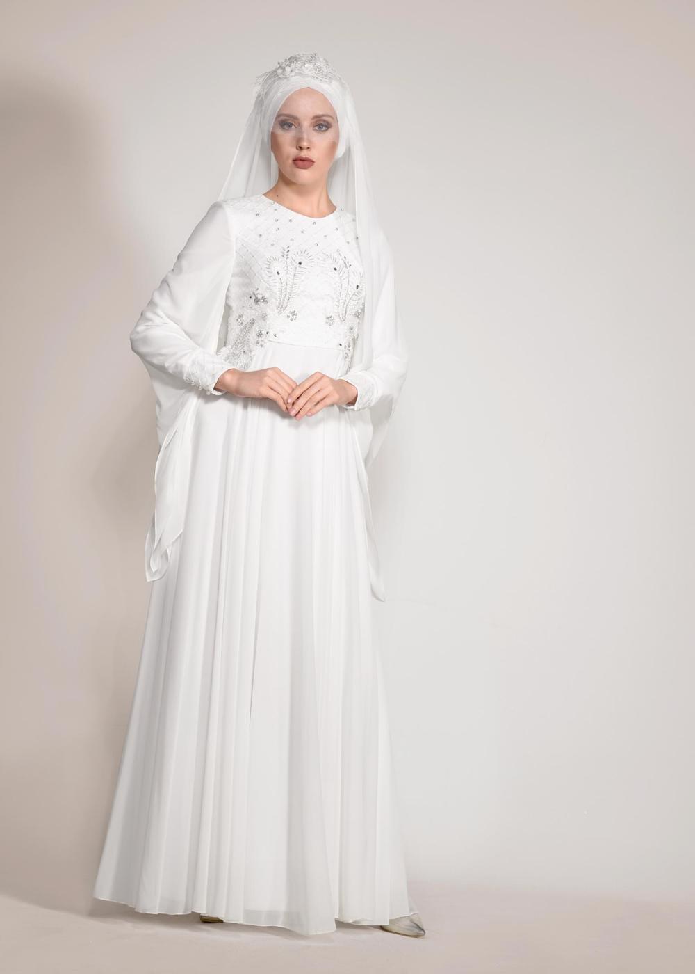 Tesettür giyim KREM ALVİNA ŞİFON ABİYE ELBİSE T 5436