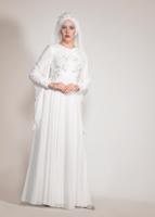 Tesettür giyim KREM ALVİNA ŞİFON ABİYE ELBİSE T 5436