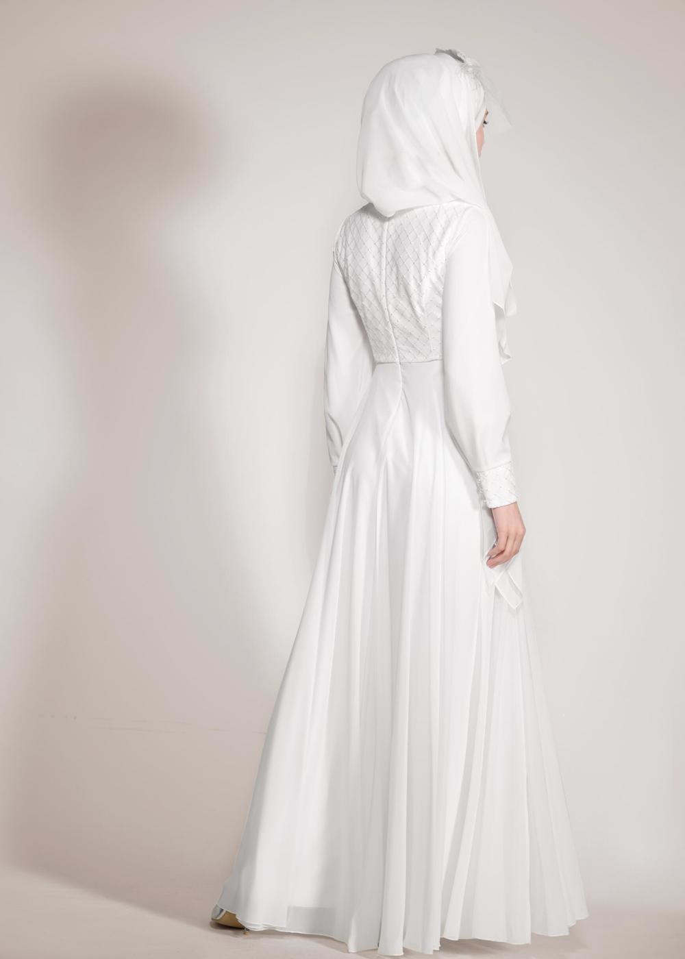 Tesettür giyim KREM ALVİNA ŞİFON ABİYE ELBİSE T 5436