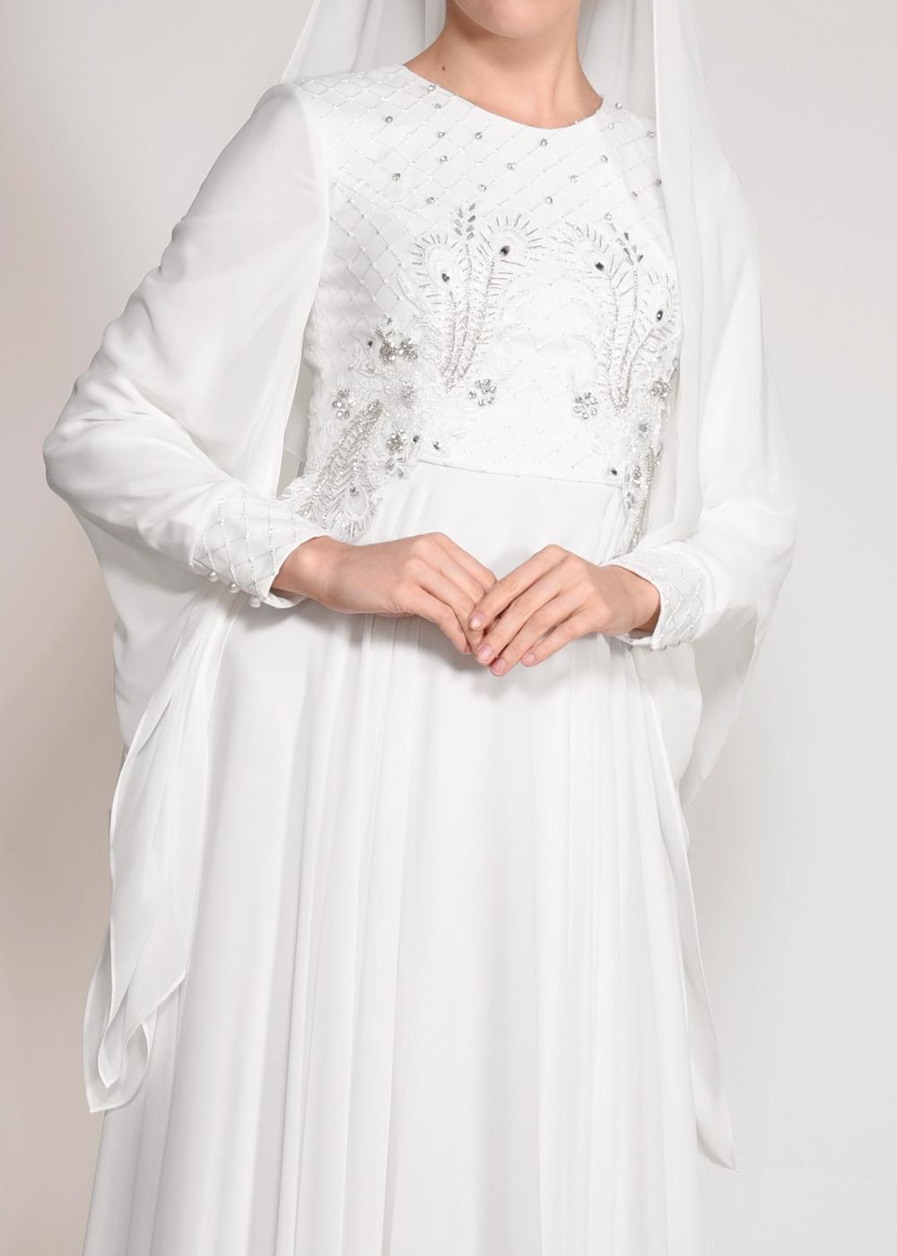 Tesettür giyim KREM ALVİNA ŞİFON ABİYE ELBİSE T 5436