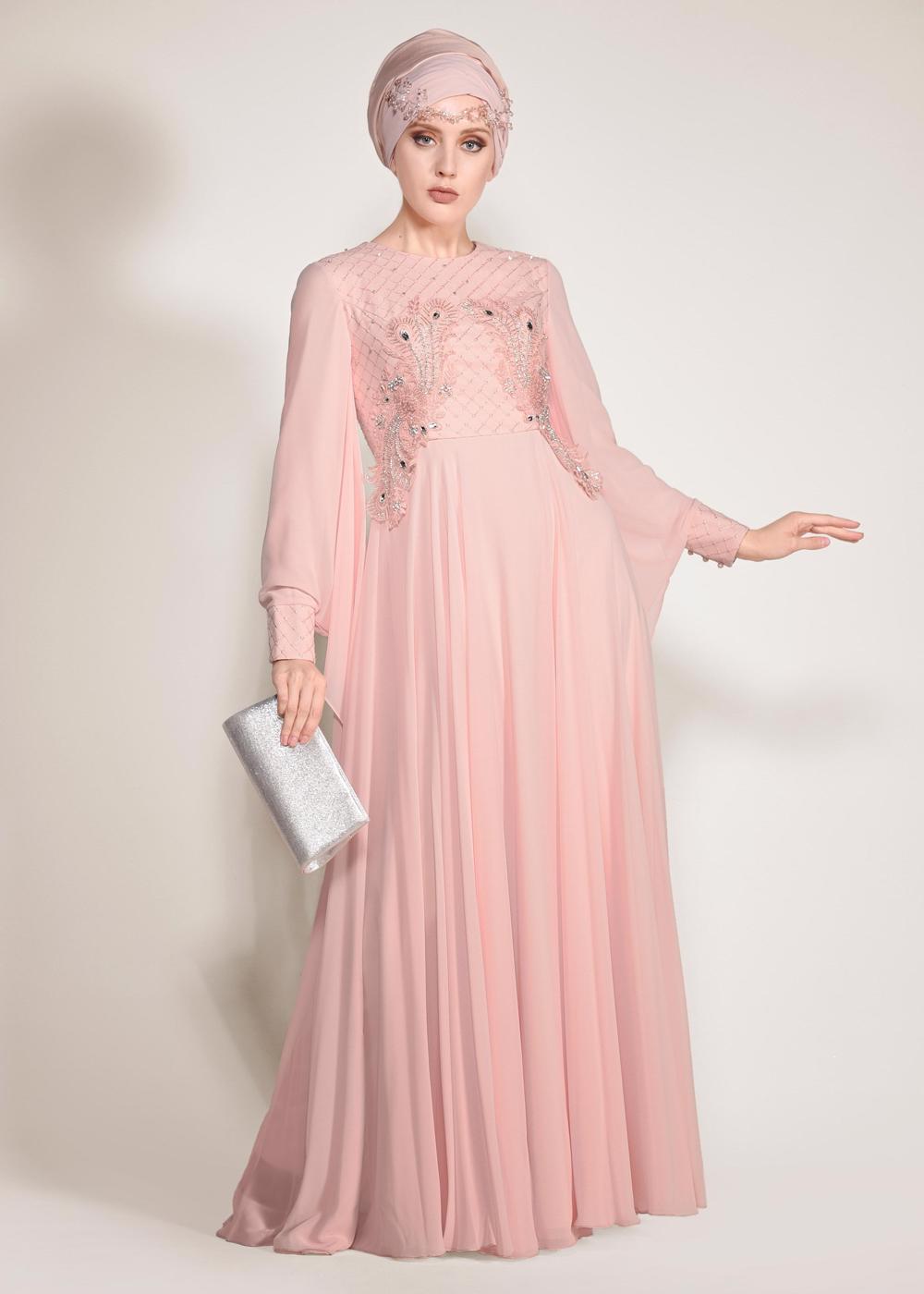 Tesettür giyim PUDRA ALVİNA ŞİFON ABİYE ELBİSE T 5436