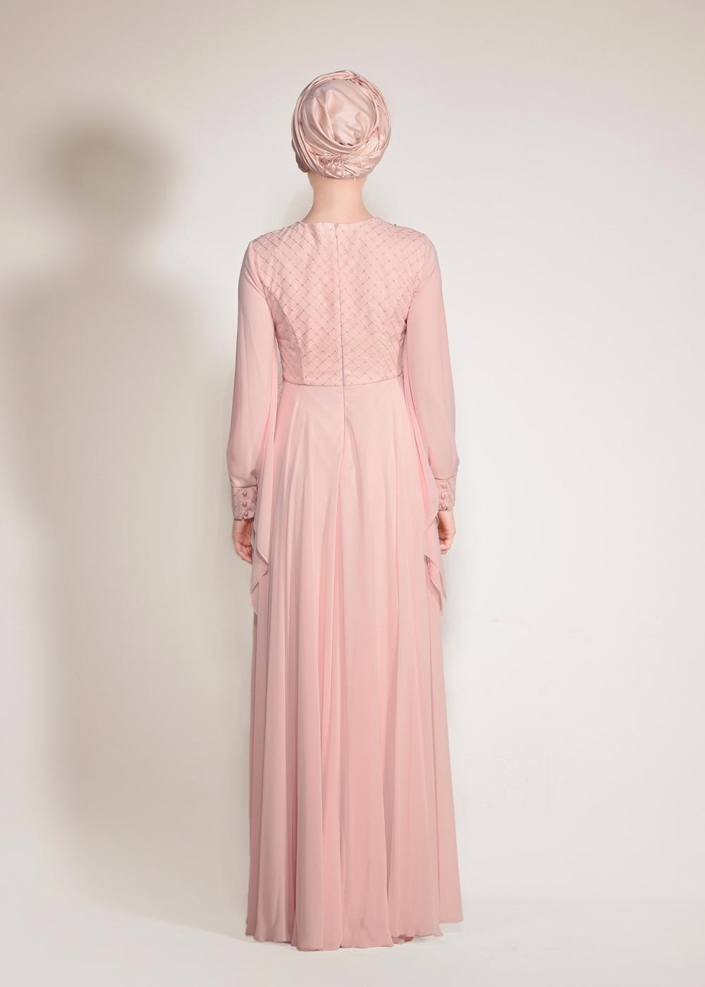 Tesettür giyim PUDRA ALVİNA ŞİFON ABİYE ELBİSE T 5436