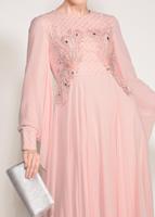 Tesettür giyim PUDRA ALVİNA ŞİFON ABİYE ELBİSE T 5436