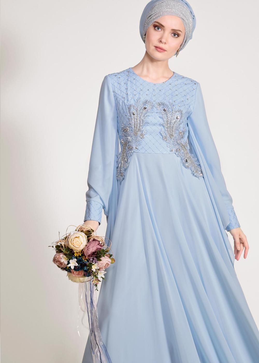 Tesettür giyim MAVİ ALVİNA ŞİFON ABİYE ELBİSE T 5436