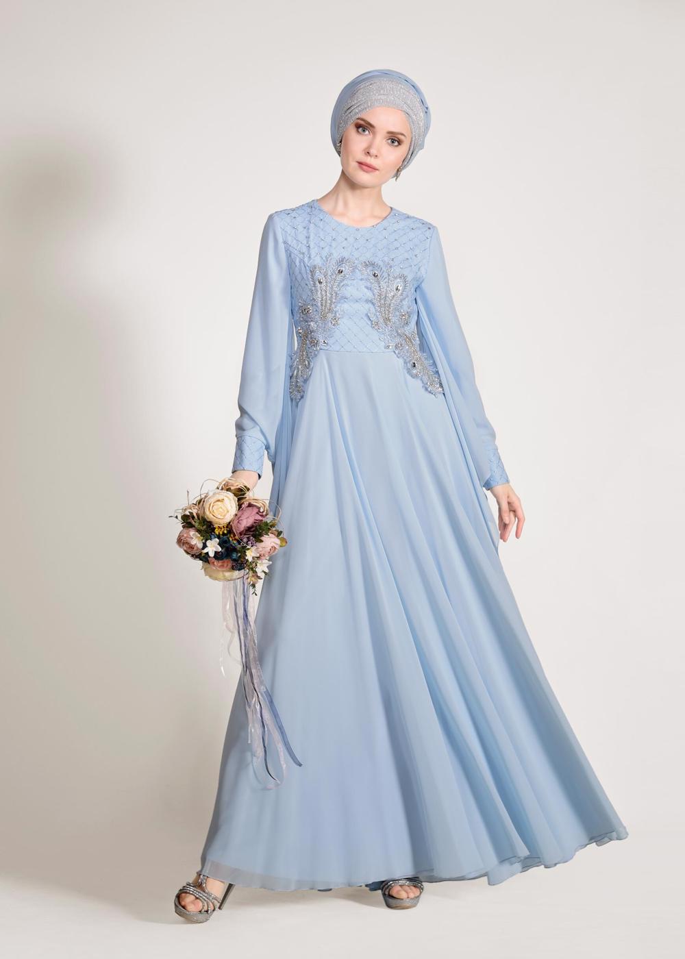 Tesettür giyim MAVİ ALVİNA ŞİFON ABİYE ELBİSE T 5436