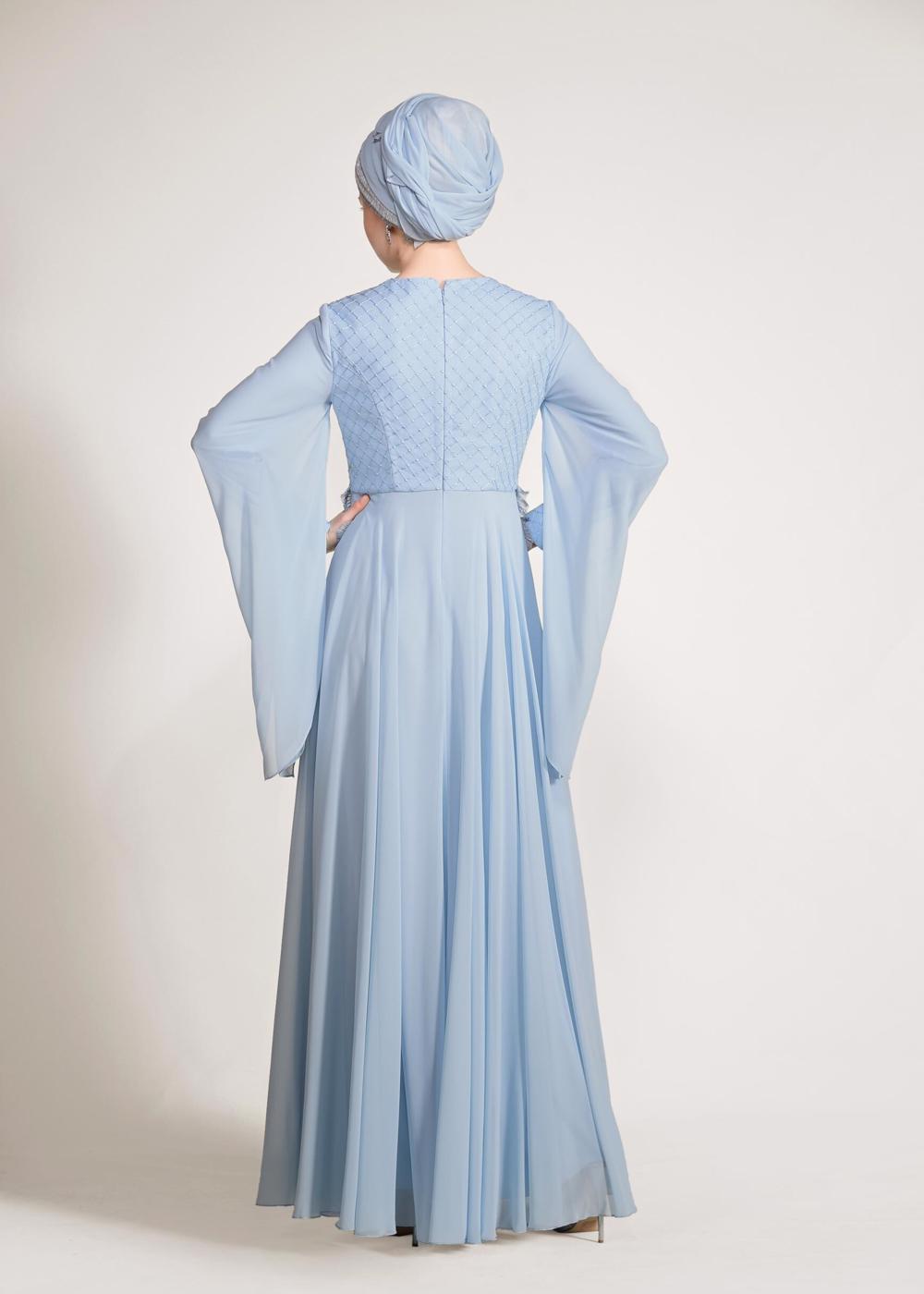 Tesettür giyim MAVİ ALVİNA ŞİFON ABİYE ELBİSE T 5436