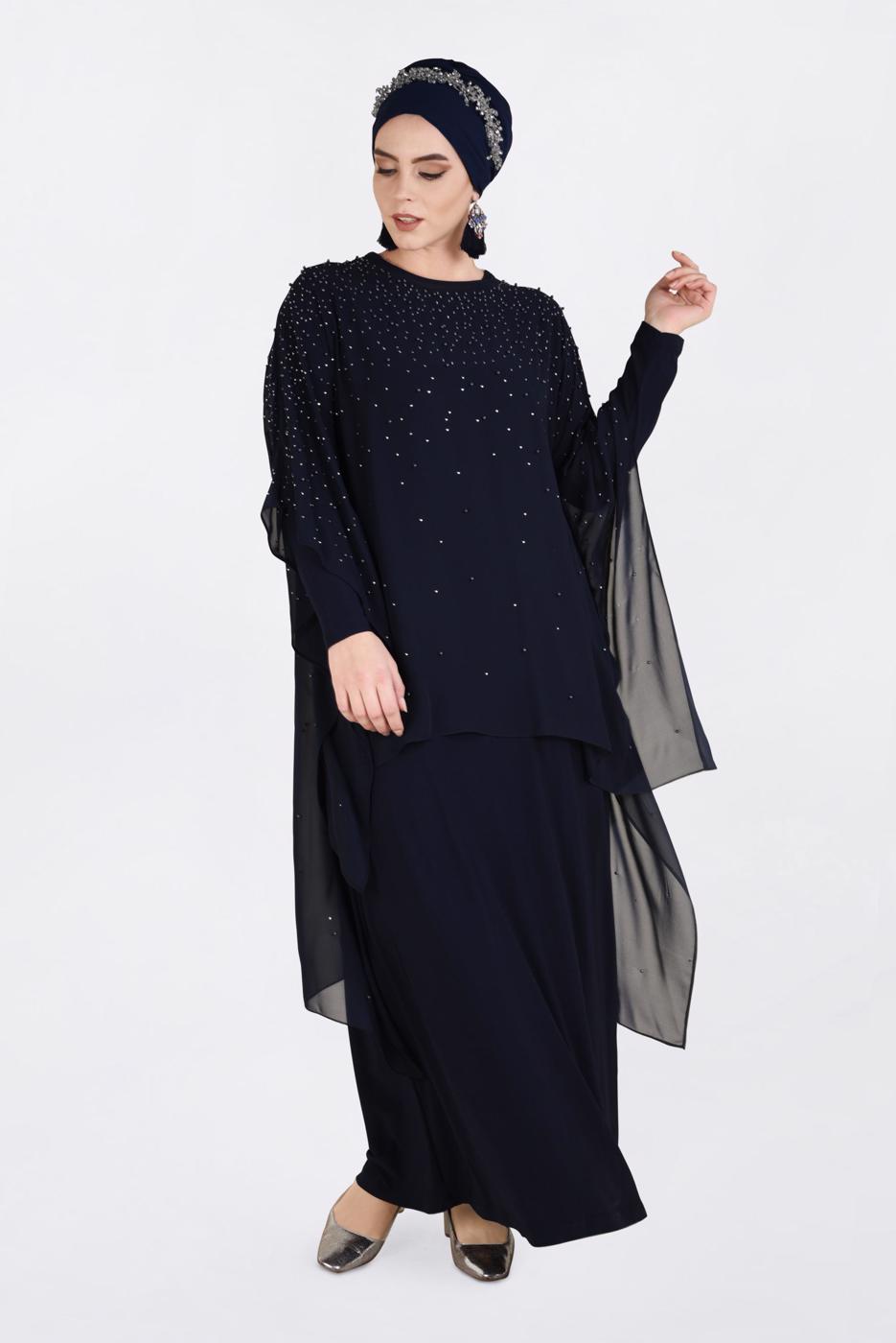 Tesettür giyim LACİVERT ALVİNA İKİLİ ABİYE ELBİSE T 5462