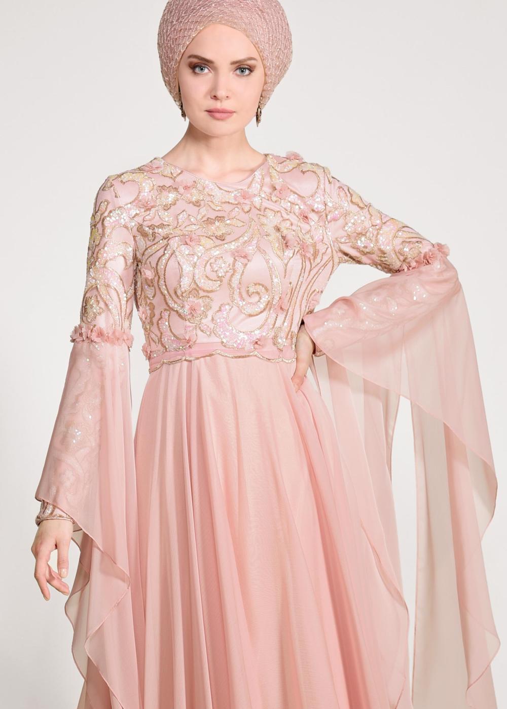 Tesettür giyim PEMBE ALVİNA PUL PAYETLİ ABİYE ELBİSE T 5481