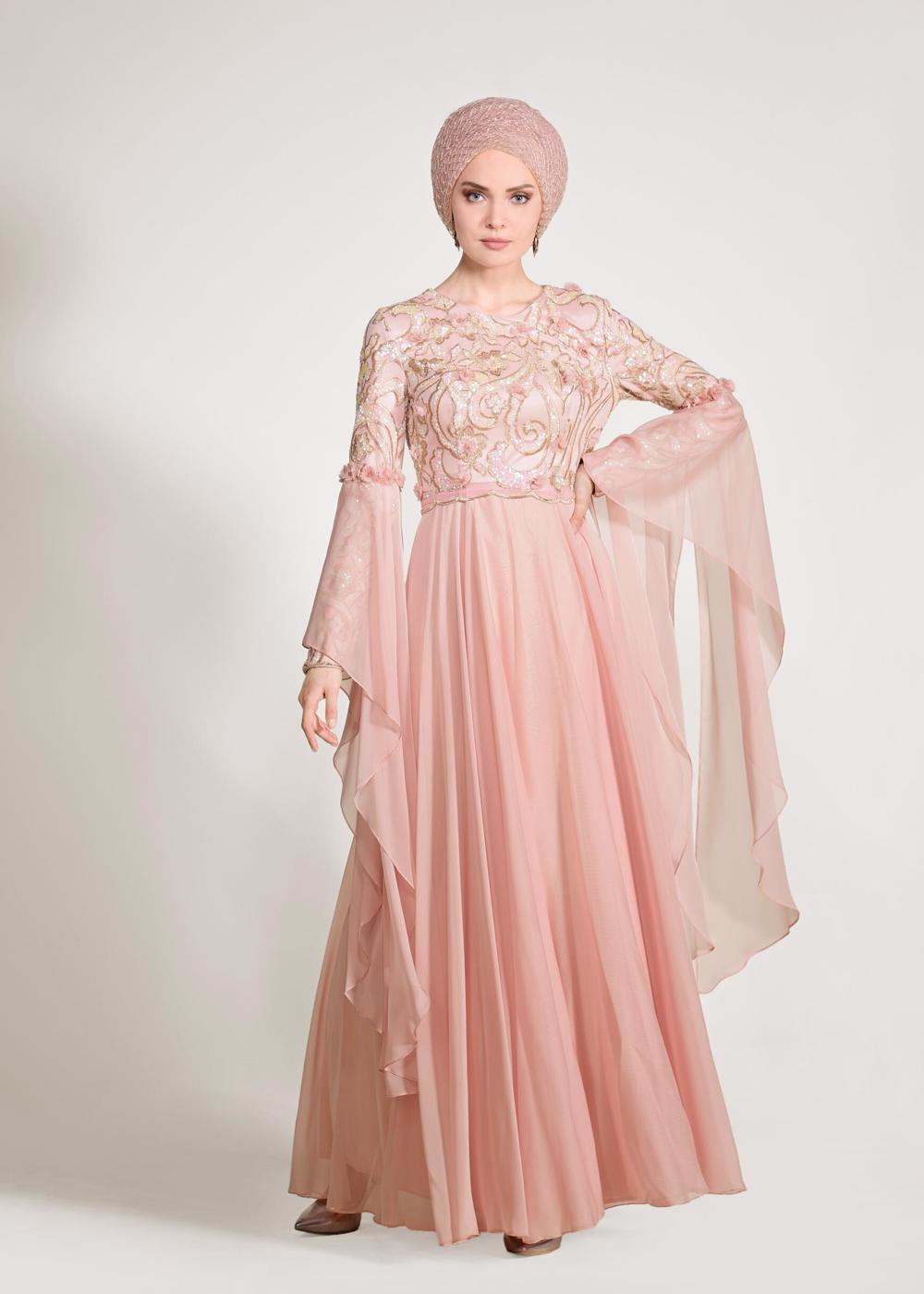 Tesettür giyim PEMBE ALVİNA PUL PAYETLİ ABİYE ELBİSE T 5481