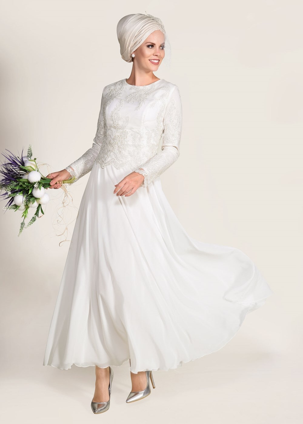 Tesettür giyim KREM GÜPÜR DETAYLI ABİYE ELBİSE 5608