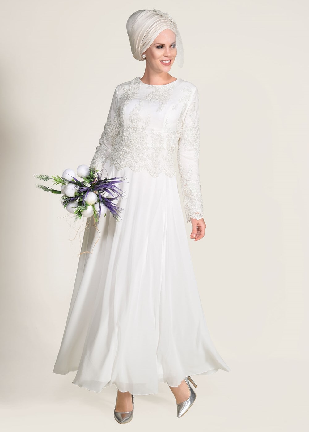 Tesettür giyim KREM GÜPÜR DETAYLI ABİYE ELBİSE 5608