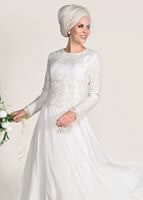 Tesettür giyim KREM GÜPÜR DETAYLI ABİYE ELBİSE 5608