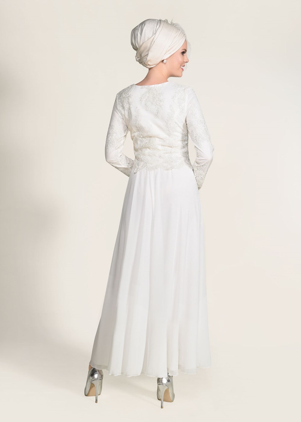 Tesettür giyim KREM GÜPÜR DETAYLI ABİYE ELBİSE 5608