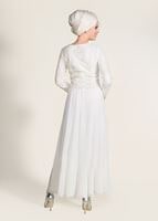 Tesettür giyim KREM GÜPÜR DETAYLI ABİYE ELBİSE 5608