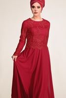 Tesettür giyim KIRMIZI GÜPÜR DETAYLI ABİYE ELBİSE 5608