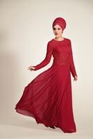 Tesettür giyim KIRMIZI GÜPÜR DETAYLI ABİYE ELBİSE 5608