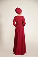 Tesettür giyim KIRMIZI GÜPÜR DETAYLI ABİYE ELBİSE 5608