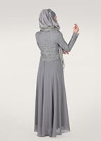 Tesettür giyim GRİ GÜPÜR DETAYLI ABİYE ELBİSE 5608