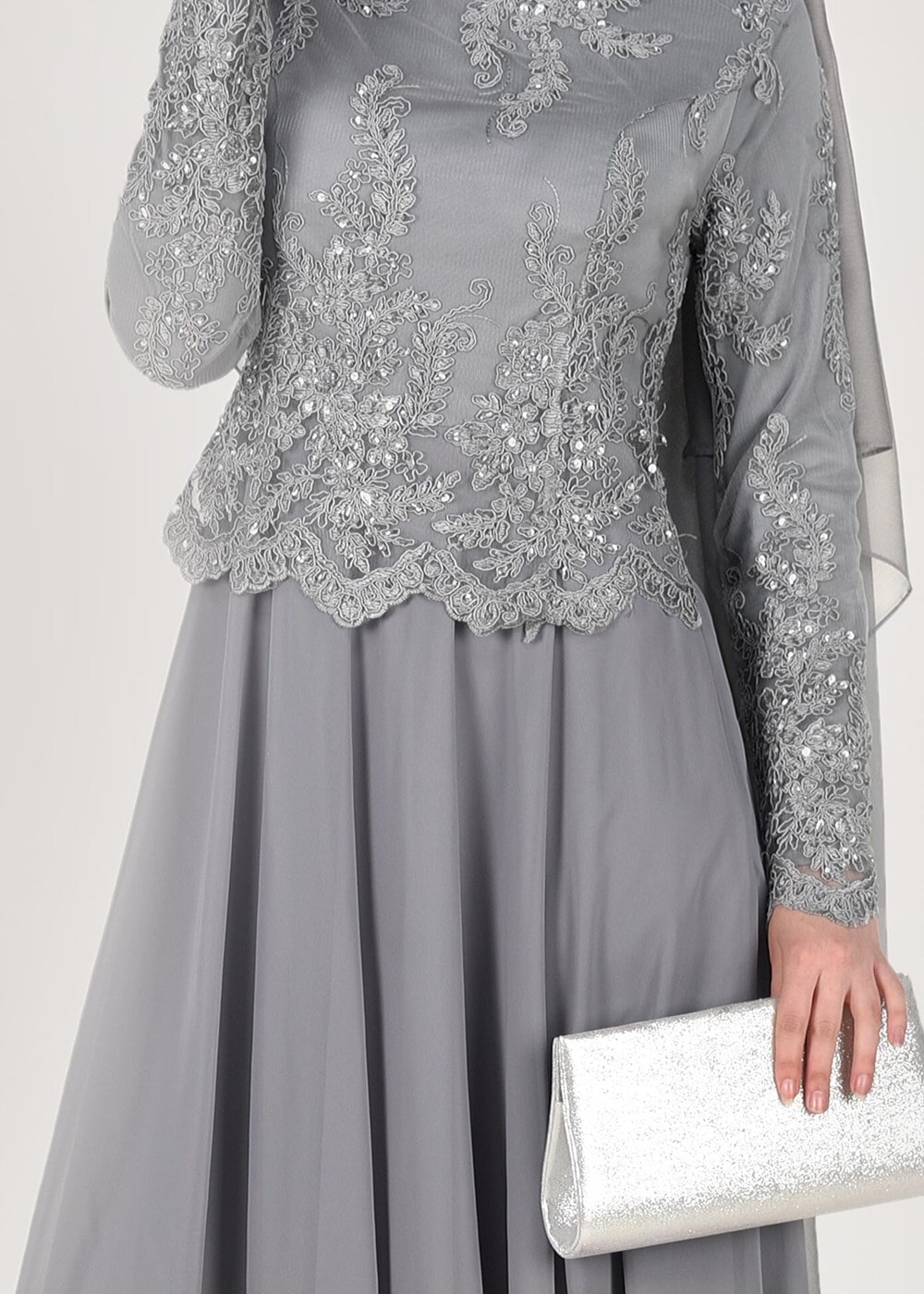 Tesettür giyim GRİ GÜPÜR DETAYLI ABİYE ELBİSE 5608