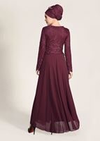 Tesettür giyim BORDO GÜPÜR DETAYLI ABİYE ELBİSE 5608