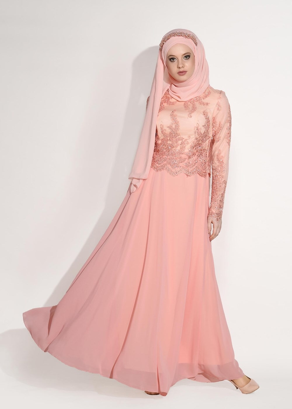 Tesettür giyim PUDRA GÜPÜR DETAYLI ABİYE ELBİSE 5608