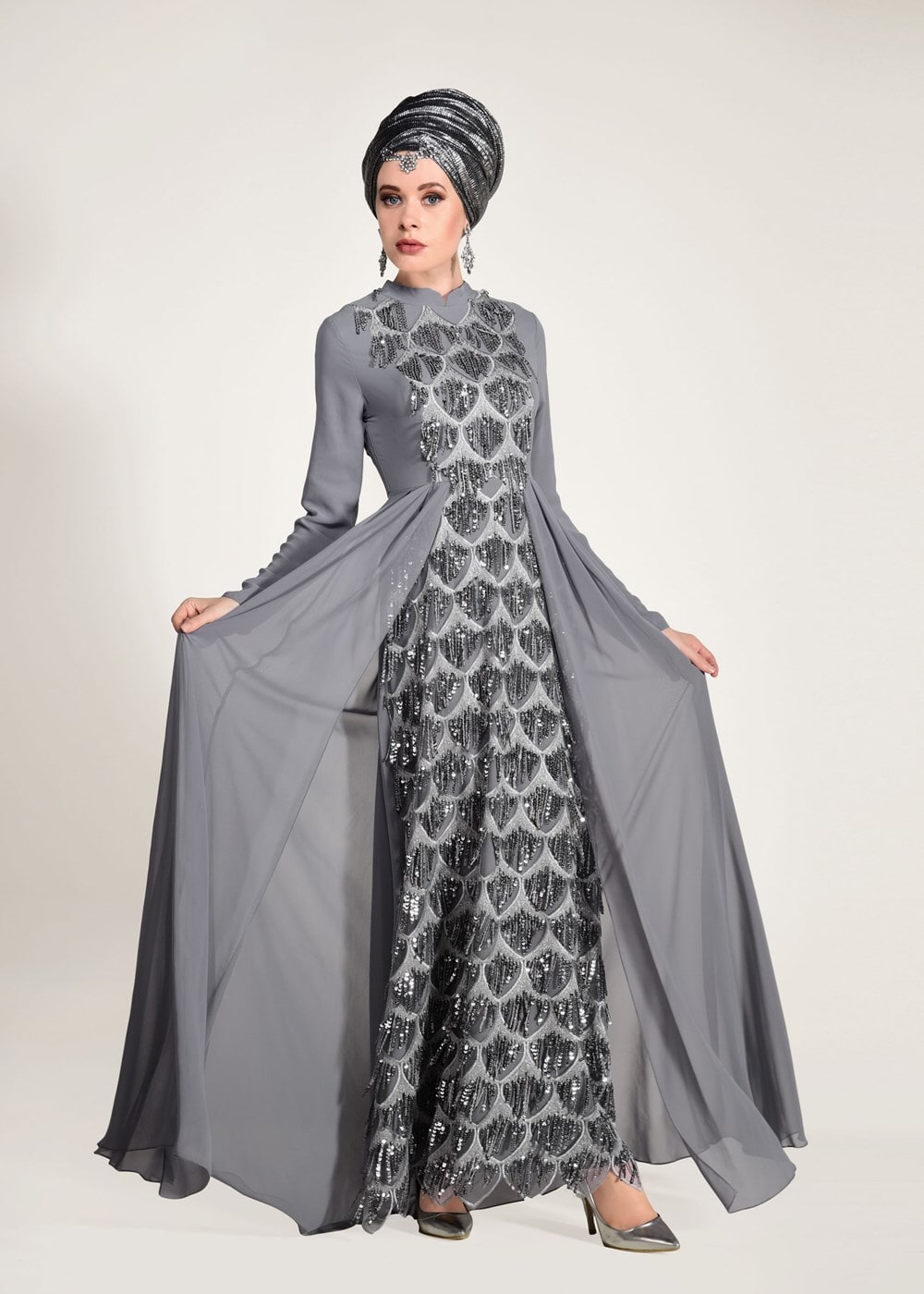 Tesettür giyim GRİ PUL PAYET ABİYE ELBİSE 5780 