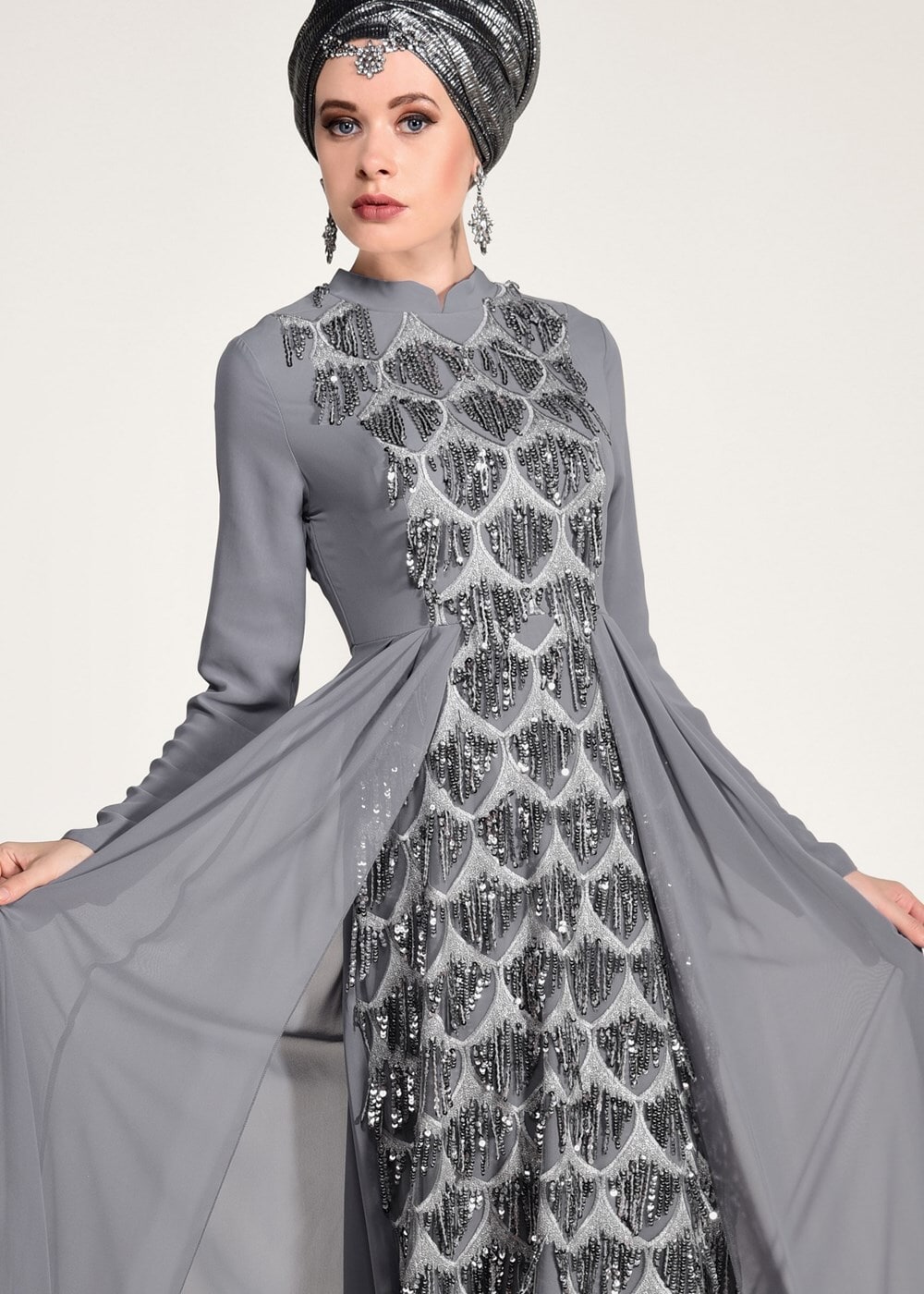 Tesettür giyim GRİ PUL PAYET ABİYE ELBİSE 5780 