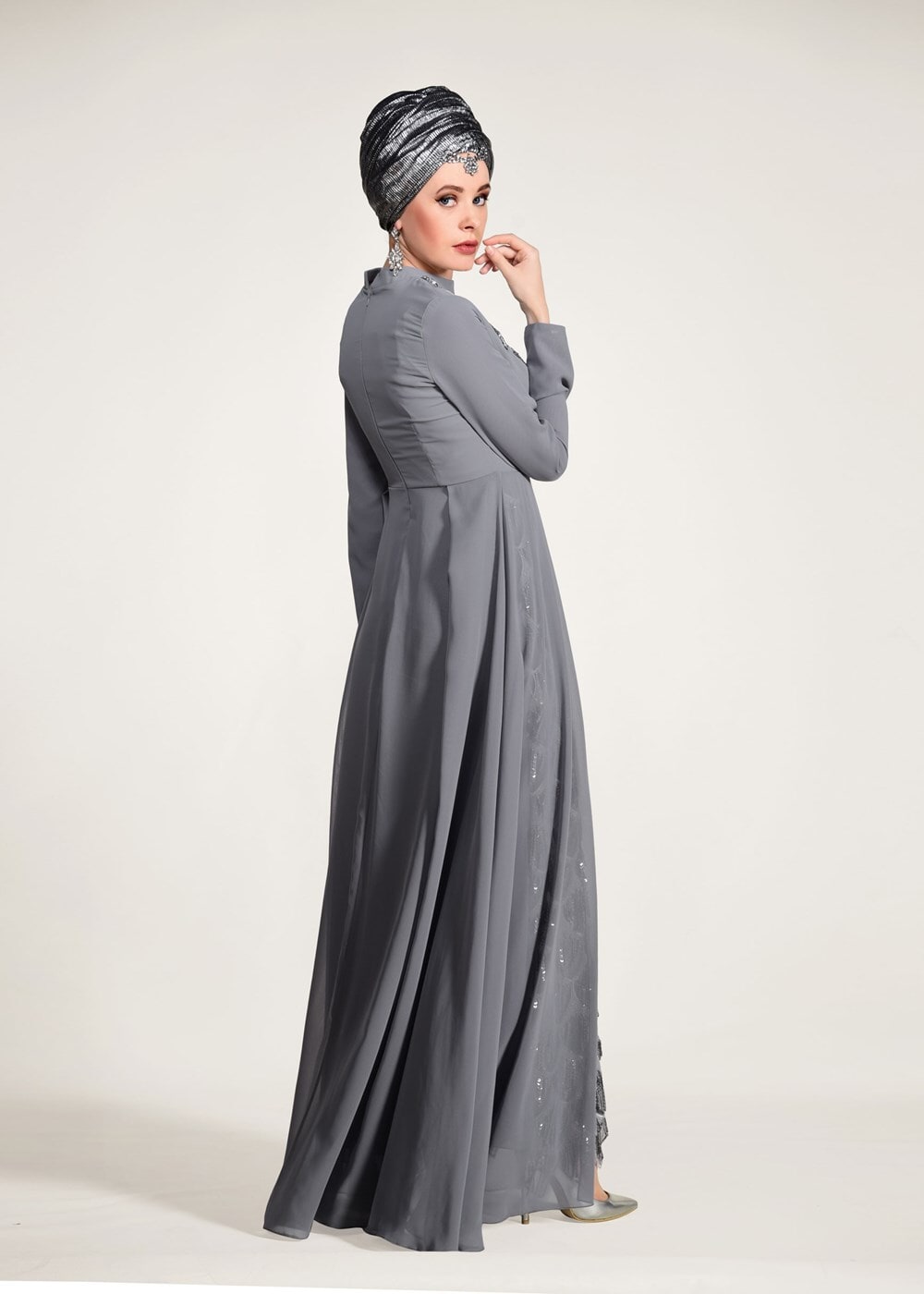 Tesettür giyim GRİ PUL PAYET ABİYE ELBİSE 5780 