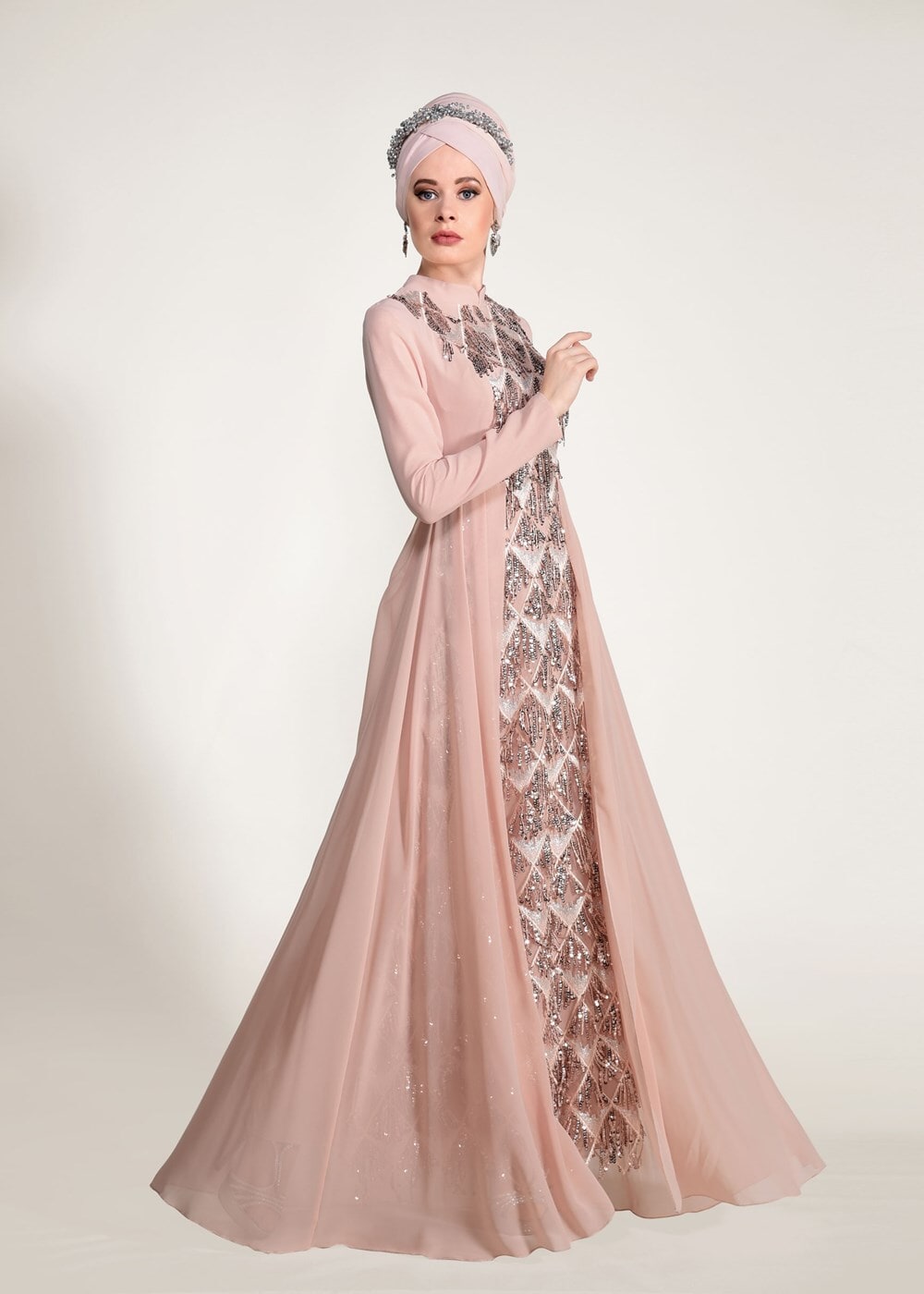 Tesettür giyim PUDRA PUL PAYET ABİYE ELBİSE 5780 