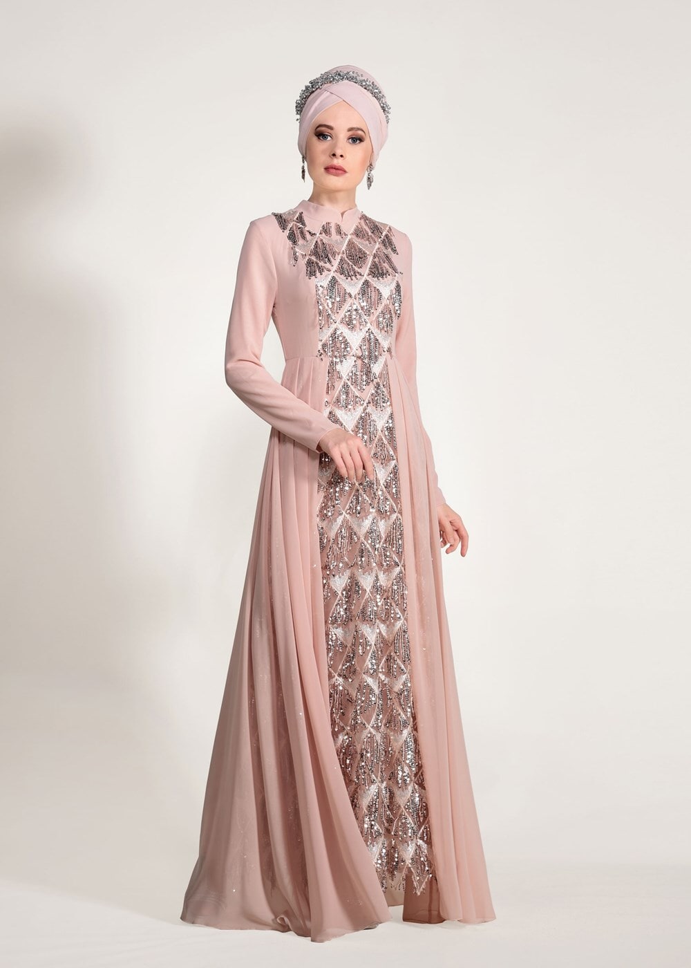 Tesettür giyim PUDRA PUL PAYET ABİYE ELBİSE 5780 