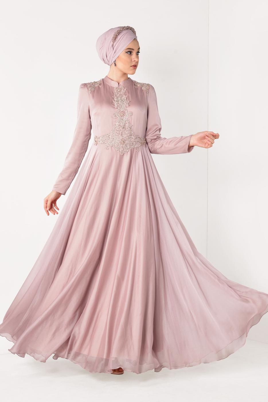 Tesettür giyim PUDRA BONCUK VE İŞLEMELİ ABİYE ELBİSE T 5997