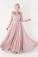 Tesettür giyim PUDRA BONCUK VE İŞLEMELİ ABİYE ELBİSE T 5997