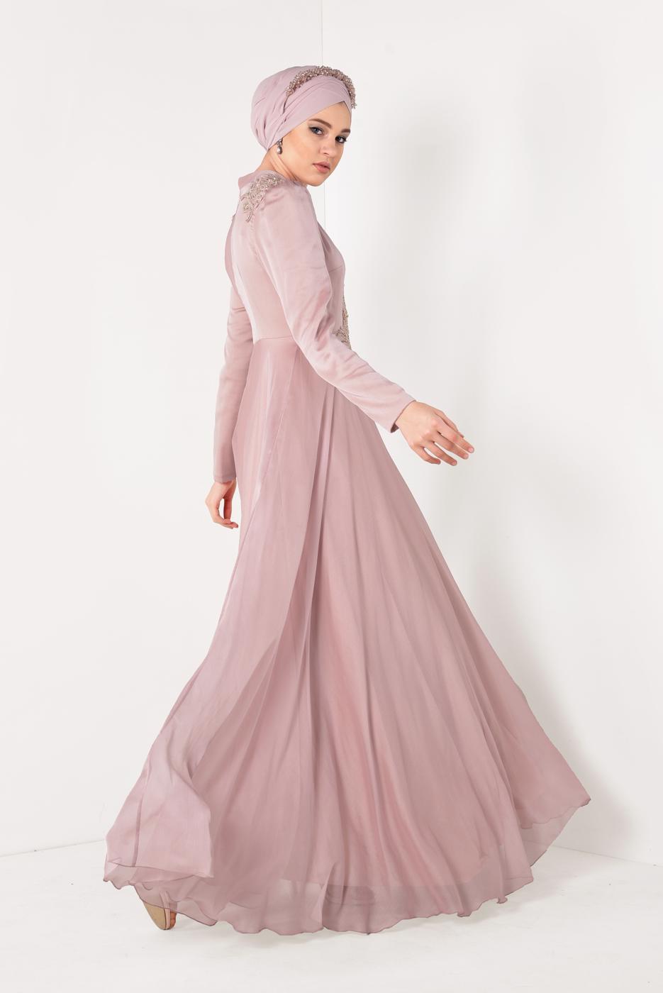Tesettür giyim PUDRA BONCUK VE İŞLEMELİ ABİYE ELBİSE T 5997