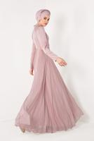 Tesettür giyim PUDRA BONCUK VE İŞLEMELİ ABİYE ELBİSE T 5997