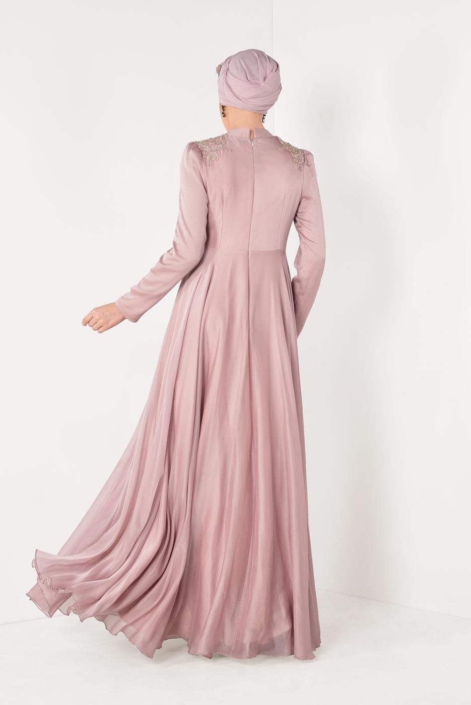 Tesettür giyim PUDRA BONCUK VE İŞLEMELİ ABİYE ELBİSE T 5997