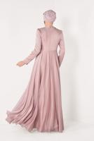 Tesettür giyim PUDRA BONCUK VE İŞLEMELİ ABİYE ELBİSE T 5997