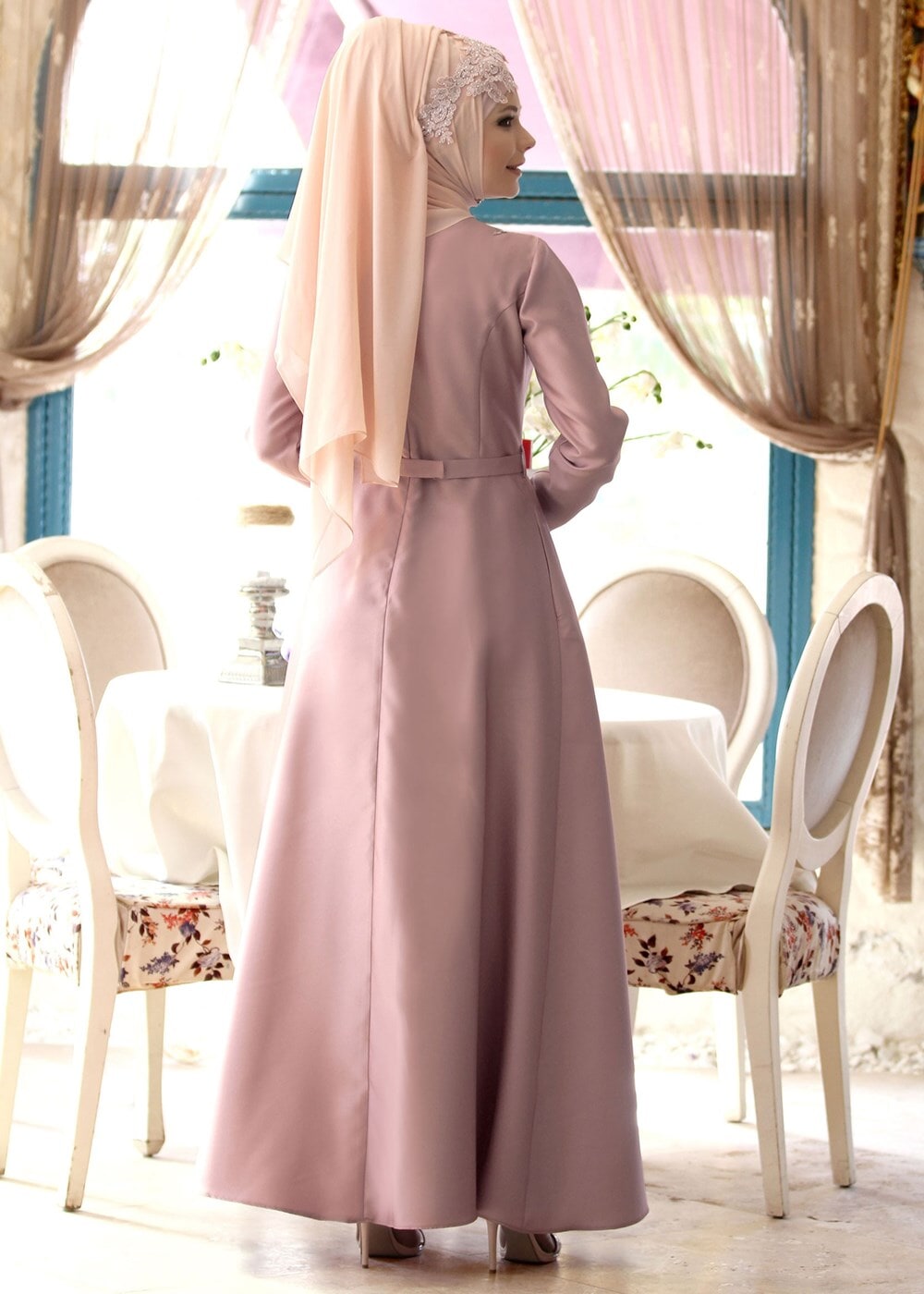 Vêtements hijab POUDRE ROBE DE SOIRÉE DÉTAILLÉE GUIPURE 7027