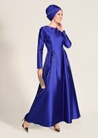 Vêtements hijab BLEU MARINE ROBE DE SOIRÉE DÉTAILLÉE GUIPURE 7027