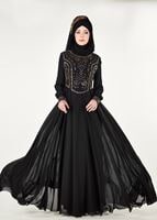 Tesettür giyim SİYAH İŞLEME DETAYLI ABİYE ELBİSE 7797 