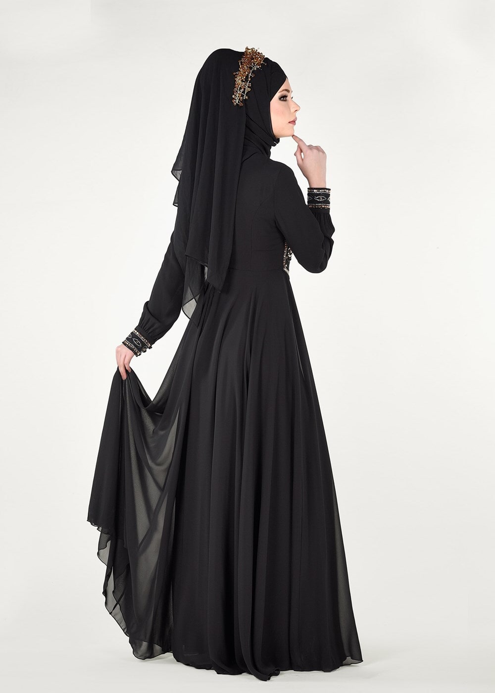 Tesettür giyim SİYAH İŞLEME DETAYLI ABİYE ELBİSE 7797 