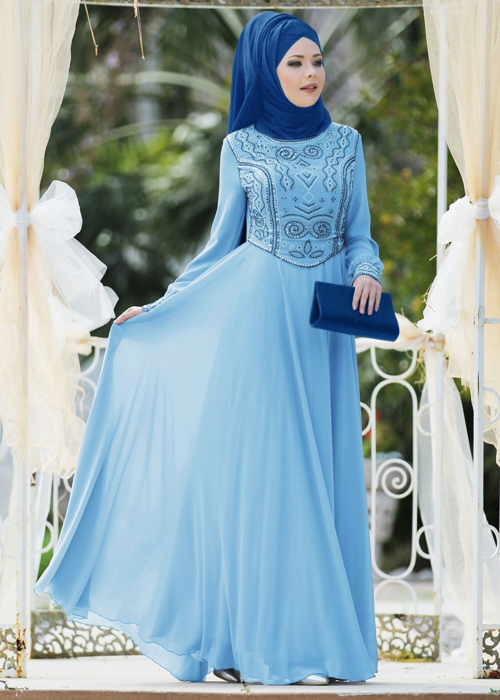 Tesettür giyim MAVİ İŞLEME DETAYLI ABİYE ELBİSE 7797 