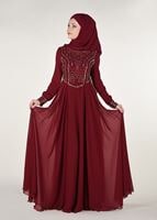 Tesettür giyim BORDO İŞLEME DETAYLI ABİYE ELBİSE 7797 