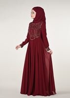 Tesettür giyim BORDO İŞLEME DETAYLI ABİYE ELBİSE 7797 