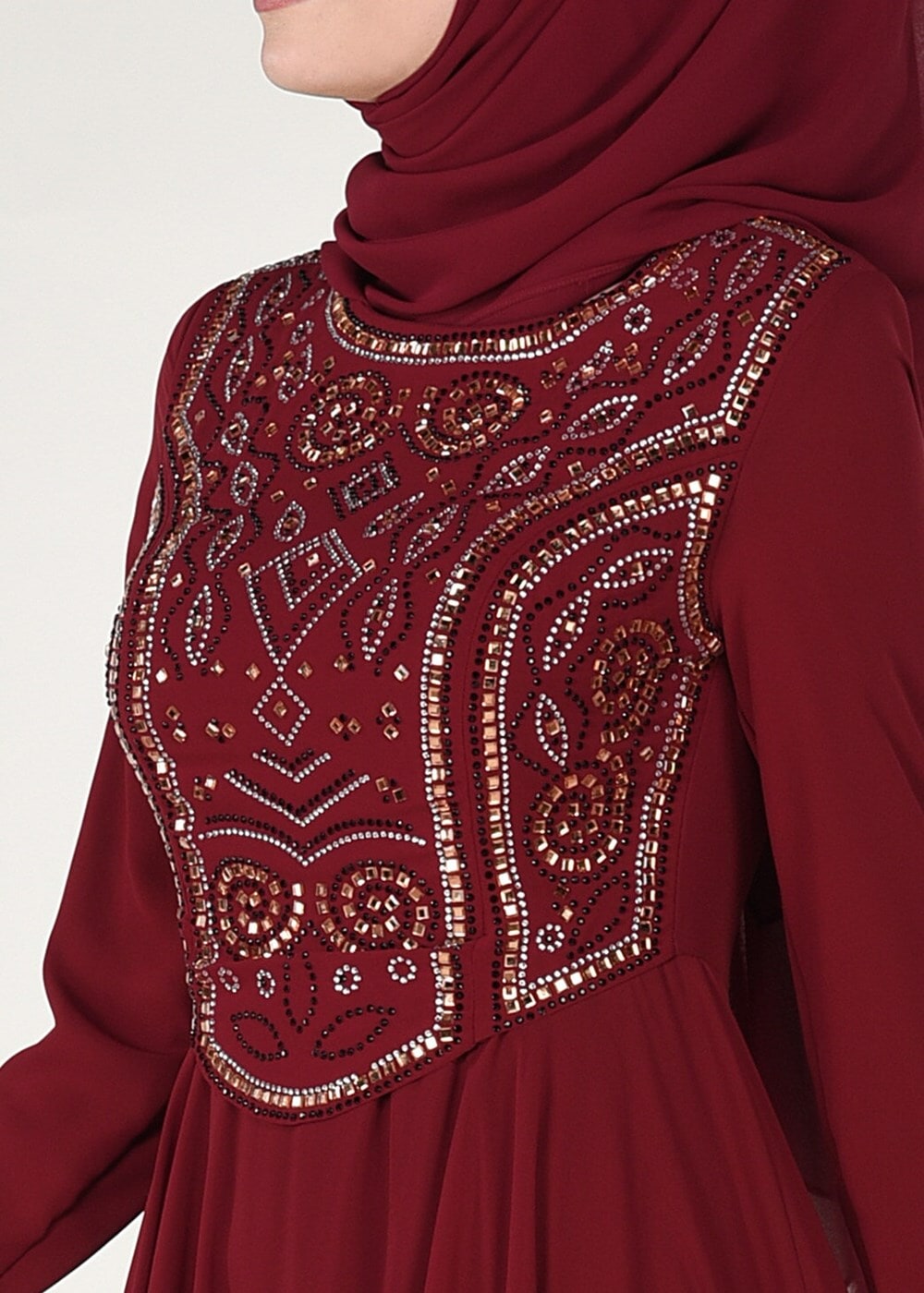 Tesettür giyim BORDO İŞLEME DETAYLI ABİYE ELBİSE 7797 