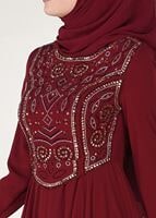 Tesettür giyim BORDO İŞLEME DETAYLI ABİYE ELBİSE 7797 