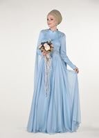 Tesettür giyim MAVİ OMUZLARDAN ŞİFON KUMAŞ DETAYLI ABİYE ELBİSE 7997 