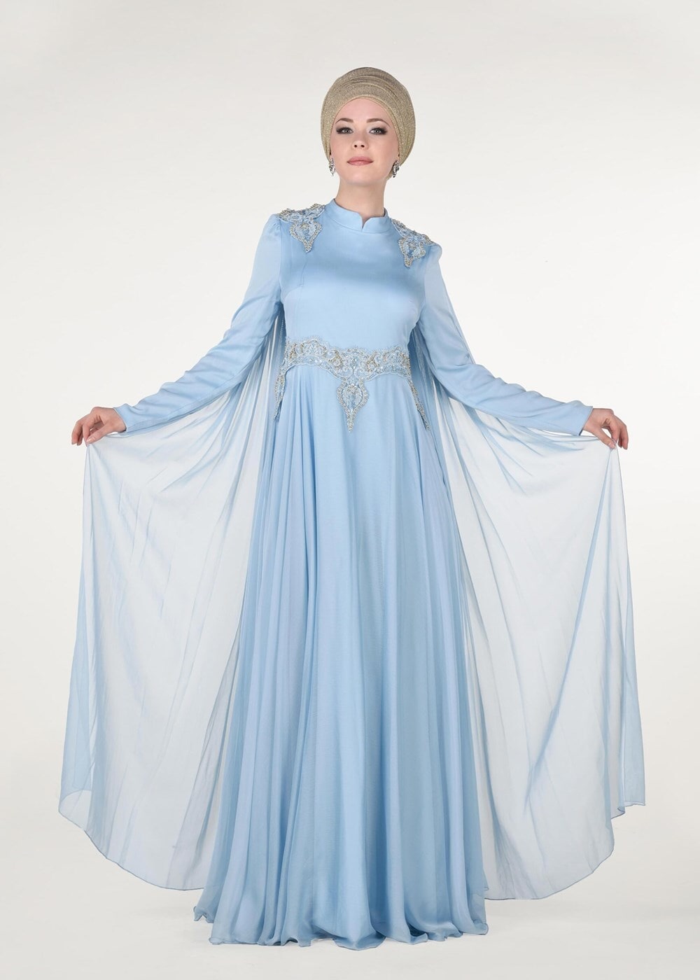Tesettür giyim MAVİ OMUZLARDAN ŞİFON KUMAŞ DETAYLI ABİYE ELBİSE 7997 